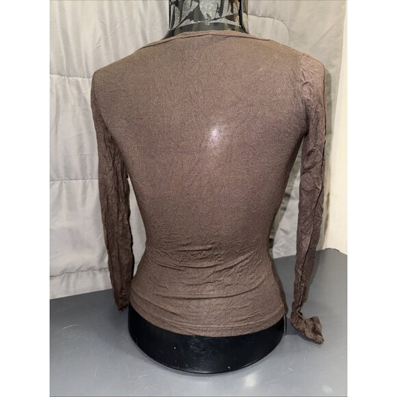 H&M Womens XS Cross Front Long Sleeve Wrap Blouse Stretch V-Neck Brown Top - Picture 5 of 14